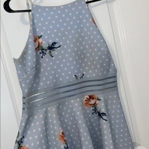 blue polka dot floral dress.